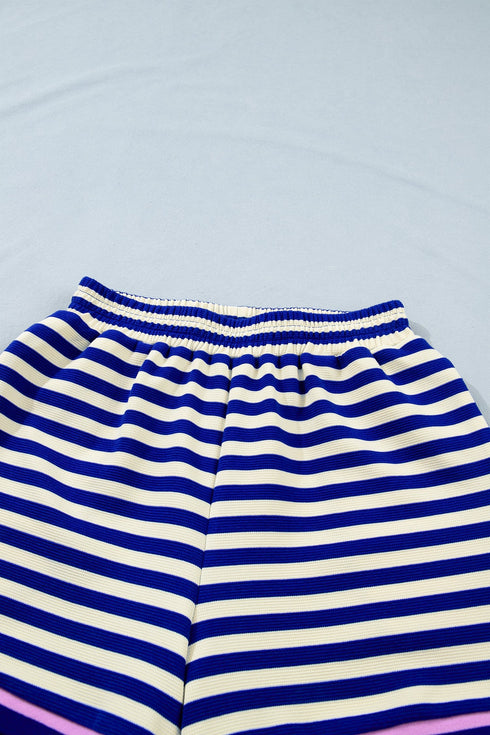 Striped Contrast Trim Cap Sleeve Casual Short Set