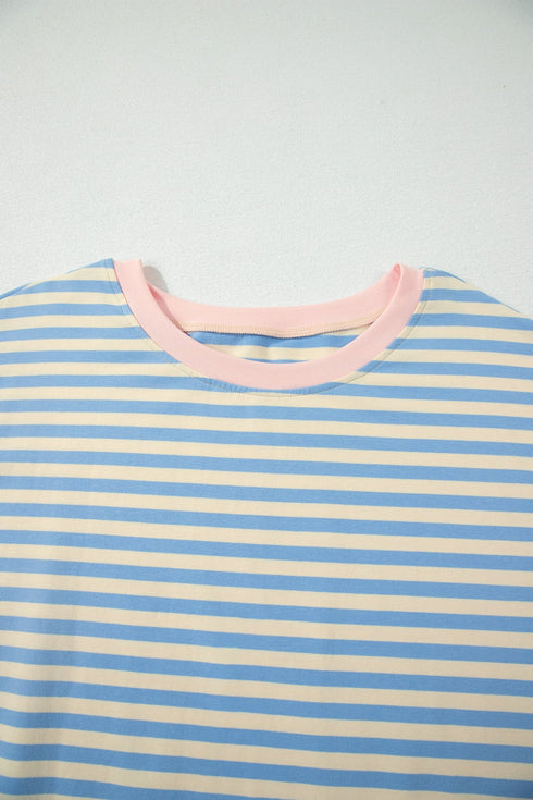 Striped Contrast Trim Drop Shoulder Round Neck Tee