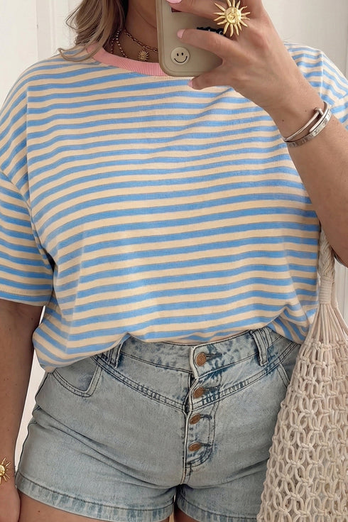 Striped Contrast Trim Drop Shoulder Round Neck Tee
