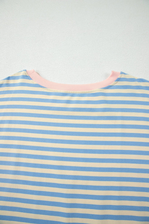 Striped Contrast Trim Drop Shoulder Round Neck Tee