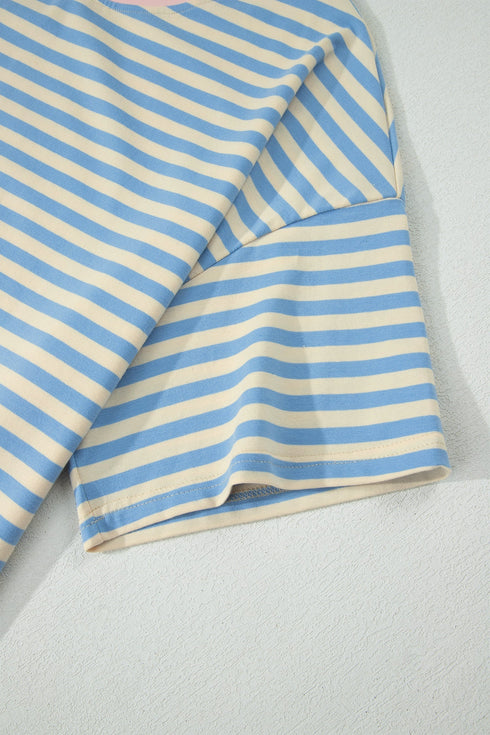 Striped Contrast Trim Drop Shoulder Round Neck Tee
