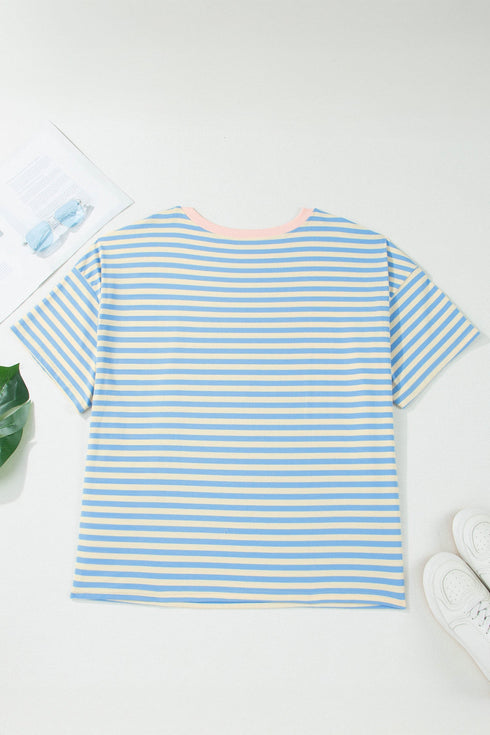 Striped Contrast Trim Drop Shoulder Round Neck Tee