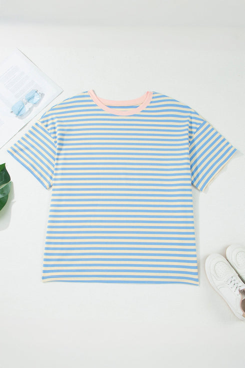 Striped Contrast Trim Drop Shoulder Round Neck Tee