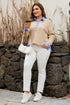 Striped Contrast Trim Patchwork Waffle Knit Long Sleeve Top