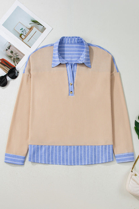 Striped Contrast Trim Patchwork Waffle Knit Long Sleeve Top