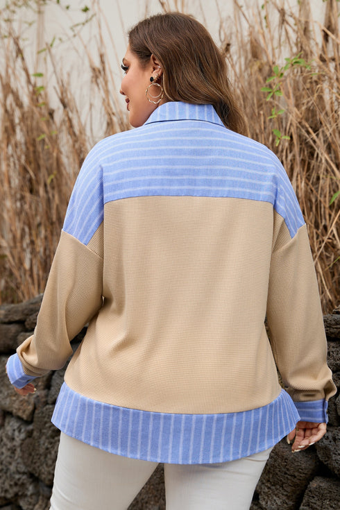 Striped Contrast Trim Patchwork Waffle Knit Long Sleeve Top