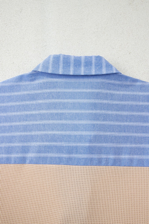 Striped Contrast Trim Patchwork Waffle Knit Long Sleeve Top
