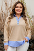 Striped Contrast Trim Patchwork Waffle Knit Long Sleeve Top