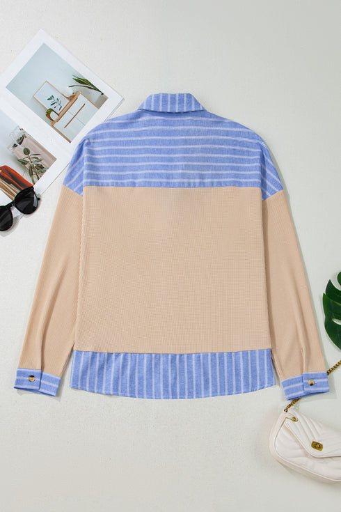 Striped Contrast Trim Patchwork Waffle Knit Long Sleeve Top