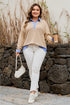 Striped Contrast Trim Patchwork Waffle Knit Long Sleeve Top