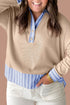 Striped Contrast Trim Patchwork Waffle Knit Long Sleeve Top