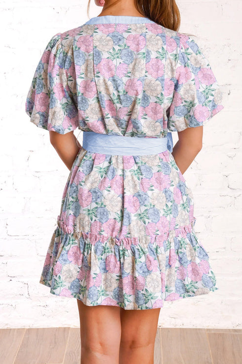 Striped Contrast Trim Puff Sleeve Bow Floral Dress