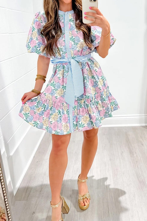 Striped Contrast Trim Puff Sleeve Bow Floral Dress