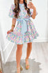 Striped Contrast Trim Puff Sleeve Bow Floral Dress