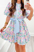 Striped Contrast Trim Puff Sleeve Bow Floral Dress