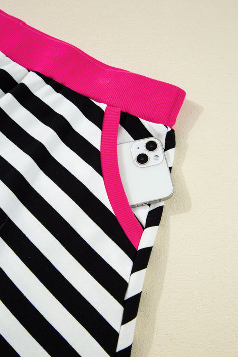 Striped Contrast Trim Pullover And Shorts Plus Size Loungewear