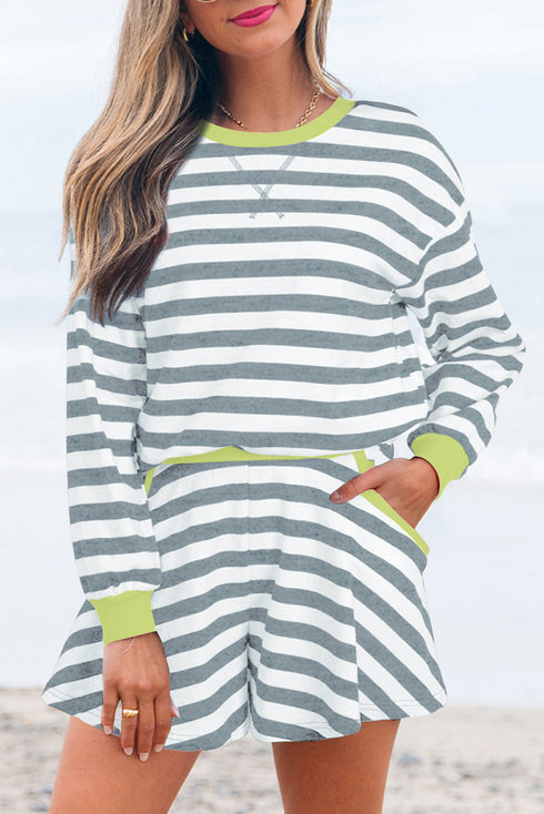 Striped Contrast Trim Ribbed Long Sleeve Shorts Set