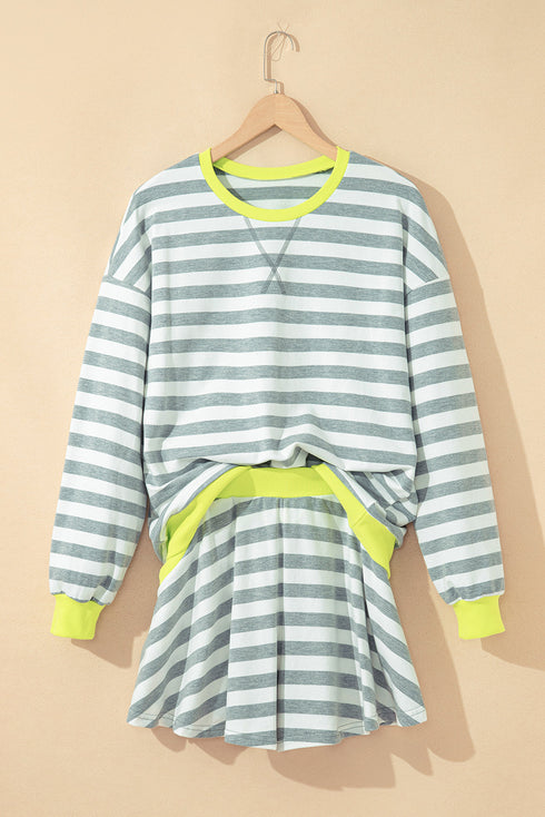 Striped Contrast Trim Ribbed Long Sleeve Shorts Set