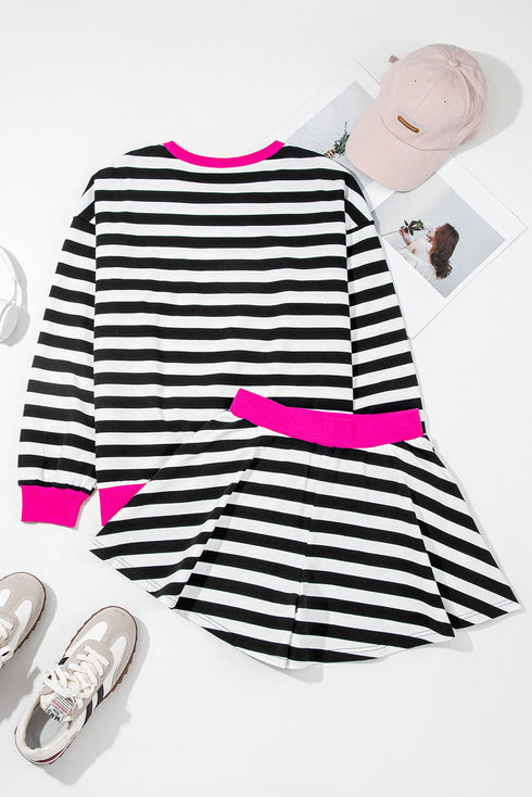Striped Contrast Trim Ribbed Long Sleeve Shorts Set