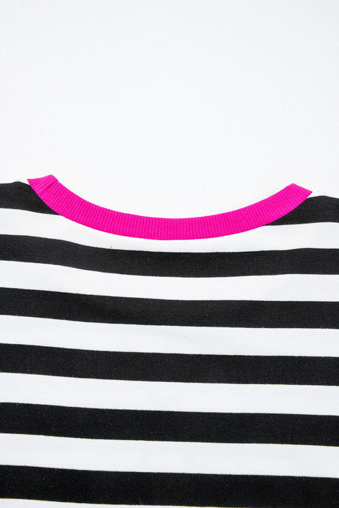 Striped Contrast Trim Ribbed Long Sleeve Shorts Set