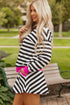 Striped Contrast Trim Ribbed Long Sleeve Shorts Set