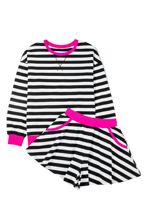 Striped Contrast Trim Ribbed Long Sleeve Shorts Set