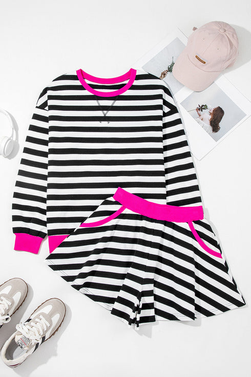 Striped Contrast Trim Ribbed Long Sleeve Shorts Set
