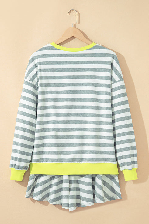 Striped Contrast Trim Ribbed Long Sleeve Shorts Set