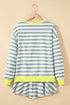 Striped Contrast Trim Ribbed Long Sleeve Shorts Set