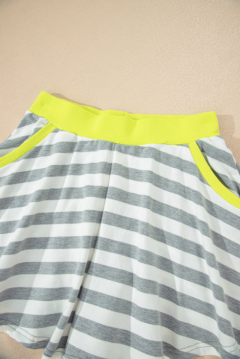 Striped Contrast Trim Ribbed Long Sleeve Shorts Set