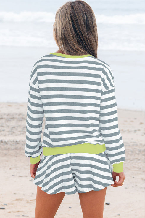 Striped Contrast Trim Ribbed Long Sleeve Shorts Set