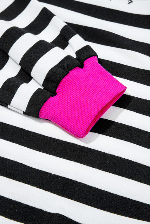 Striped Contrast Trim Ribbed Long Sleeve Shorts Set