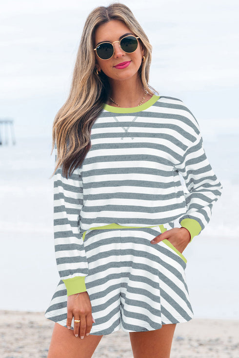 Striped Contrast Trim Ribbed Long Sleeve Shorts Set