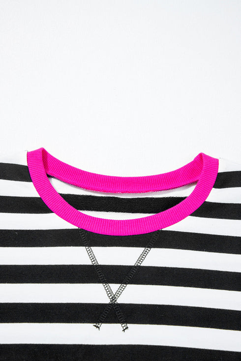 Striped Contrast Trim Ribbed Long Sleeve Shorts Set