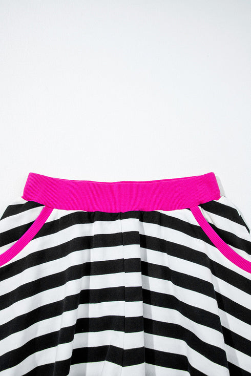 Striped Contrast Trim Ribbed Long Sleeve Shorts Set