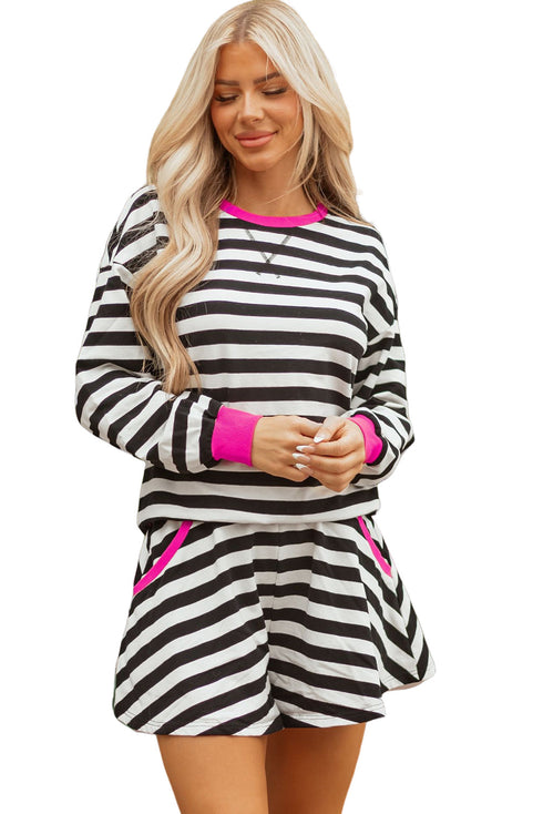 Striped Contrast Trim Ribbed Long Sleeve Shorts Set