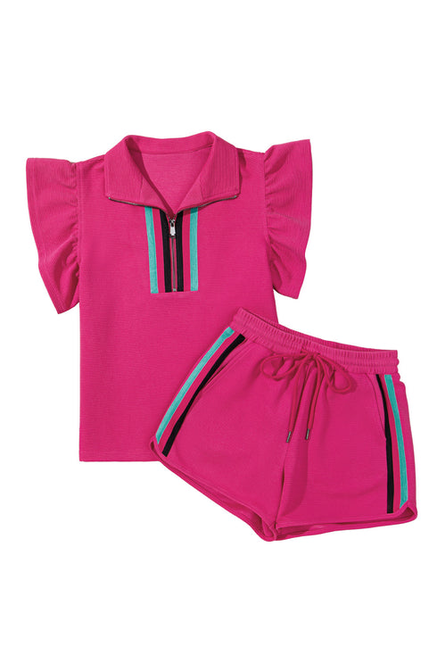 Striped Contrast Trim Ruffle Sleeve Zipped Collar Short Sets