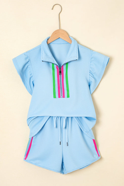 Striped Contrast Trim Ruffle Sleeve Zipped Collar Short Sets