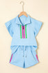 Striped Contrast Trim Ruffle Sleeve Zipped Collar Short Sets