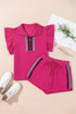 Striped Contrast Trim Ruffle Sleeve Zipped Collar Short Sets