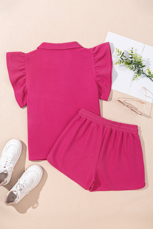 Striped Contrast Trim Ruffle Sleeve Zipped Collar Short Sets