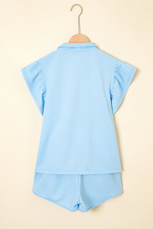 Striped Contrast Trim Ruffle Sleeve Zipped Collar Short Sets