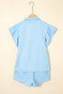 Striped Contrast Trim Ruffle Sleeve Zipped Collar Short Sets