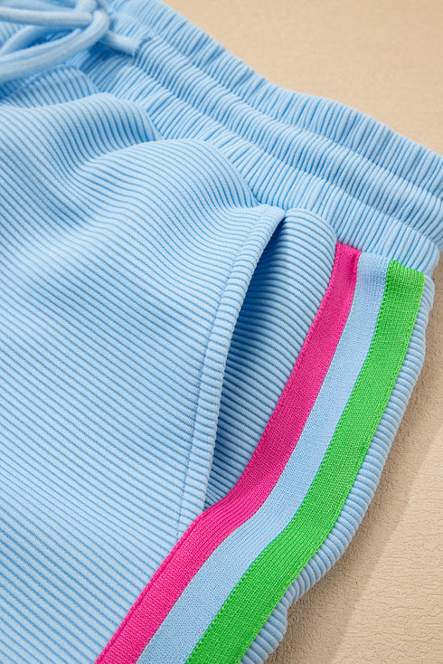 Striped Contrast Trim Ruffle Sleeve Zipped Collar Short Sets