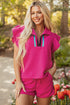 Striped Contrast Trim Ruffle Sleeve Zipped Collar Short Sets