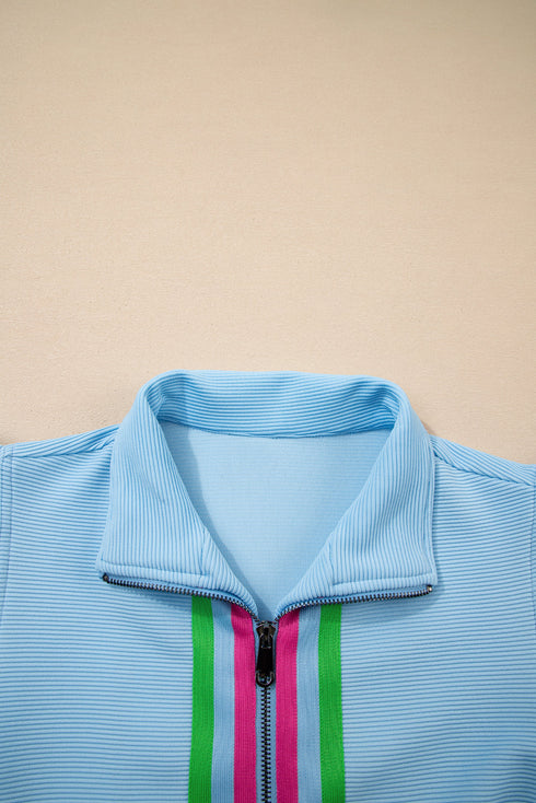 Striped Contrast Trim Ruffle Sleeve Zipped Collar Short Sets