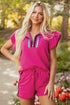 Striped Contrast Trim Ruffle Sleeve Zipped Collar Short Sets