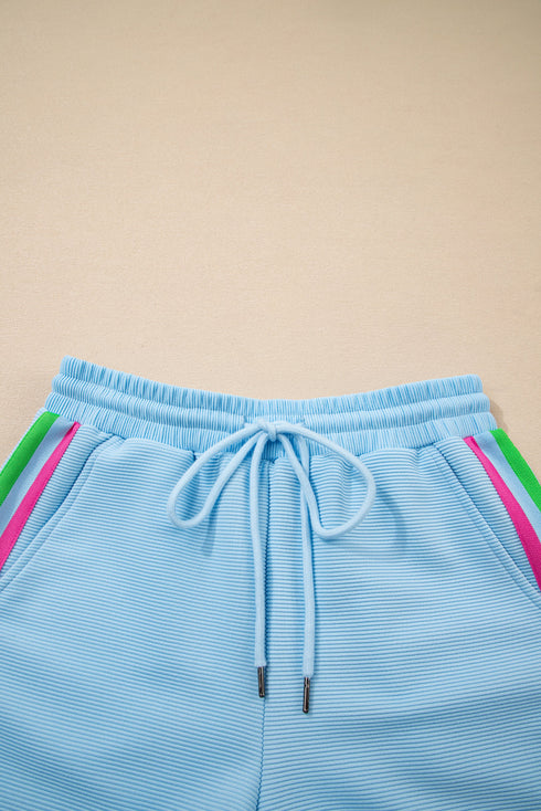 Striped Contrast Trim Ruffle Sleeve Zipped Collar Short Sets