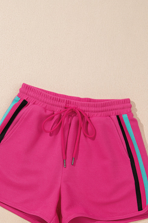 Striped Contrast Trim Ruffle Sleeve Zipped Collar Short Sets