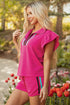 Striped Contrast Trim Ruffle Sleeve Zipped Collar Short Sets